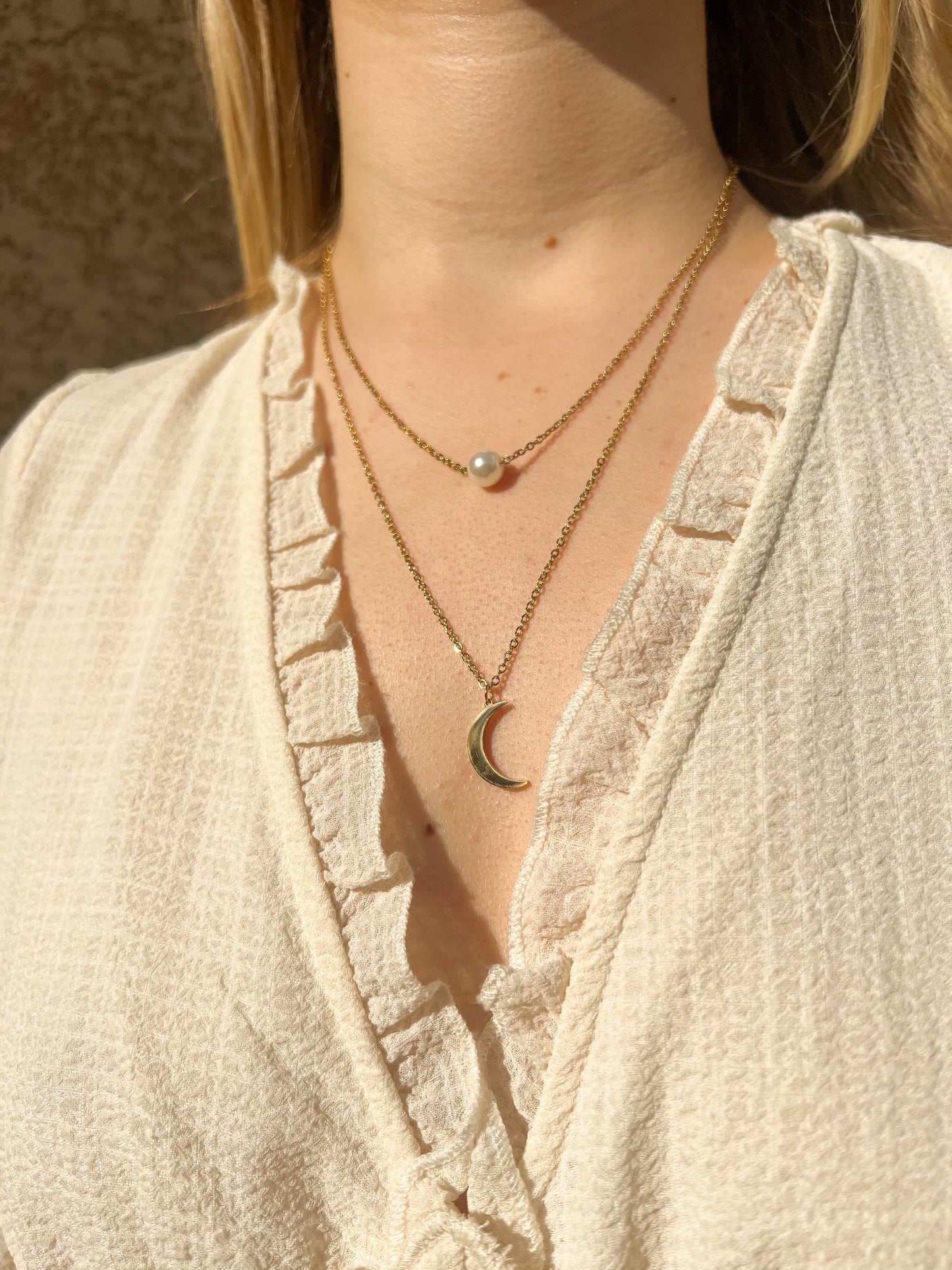 Collier double chaines, lune et perle