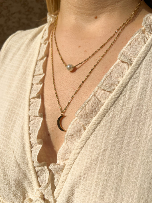 Collier double chaines, lune et perle